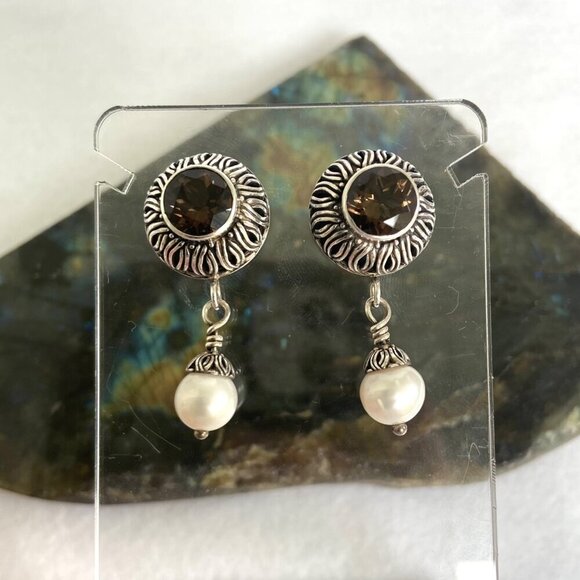 Sterling Silver 925 1.5" Signed Round Smoky Quartz & Pearl Dangle Drop Earrings - Picture 7 of 16